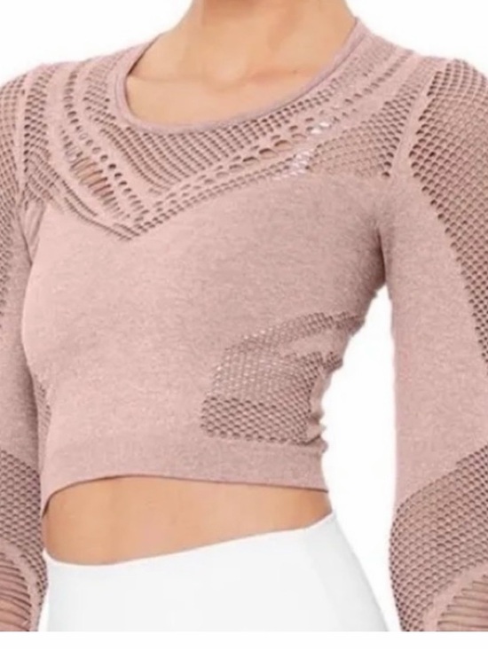 ALO Yoga Tops - ALO Yoga Blush Pink Long Sleeve Crochet Seamless Crop Top